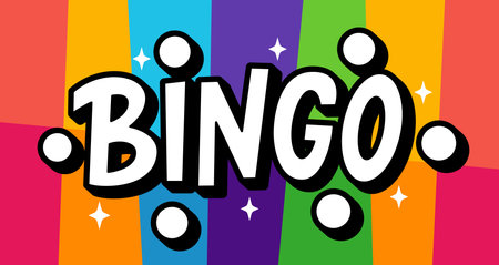 BINGO logo with lottery balls and stars. Bingo game. Vector illustration lucky quote. Fortune text. Graphic logo design for print poster, card, sticker, game, lottery win concept, casinoのイラスト素材