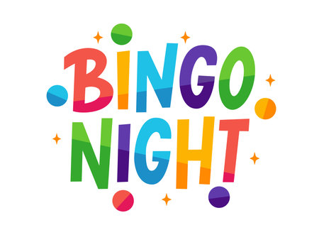 BINGO NIGHT logo with lottery balls and stars. Bingo game. Vector illustration lucky quote. Fortune text. Graphic logo design for print poster, card, sticker, game, lottery win concept, casinoのイラスト素材