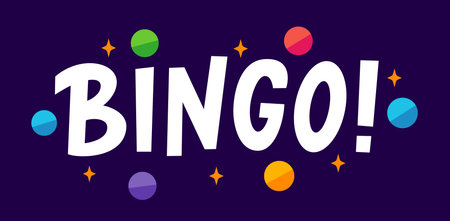 BINGO logo with lottery balls and stars. Bingo game. Vector illustration lucky quote. Fortune text. Graphic logo design for print poster, card, sticker, game, lottery win concept, casinoのイラスト素材