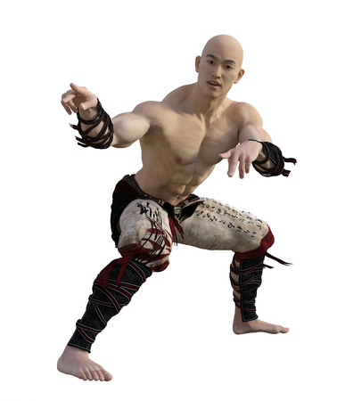 3D Render of Asian Monk in Martial Arts Poseの写真素材