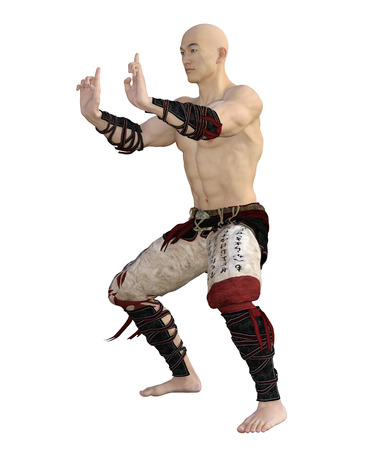 3D Render of Asian Monk in Martial Arts Poseの写真素材
