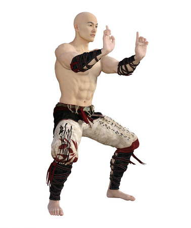 3D render of An Asian Monk in Martial Arts Poseの写真素材