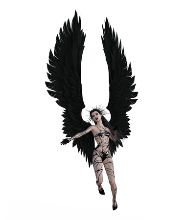 3d illustration of a sexy female angel with black feather wingsの写真素材