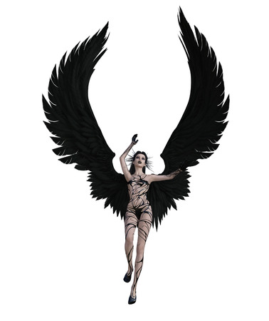 3d illustration of a sexy female angel with black feather wingsの写真素材