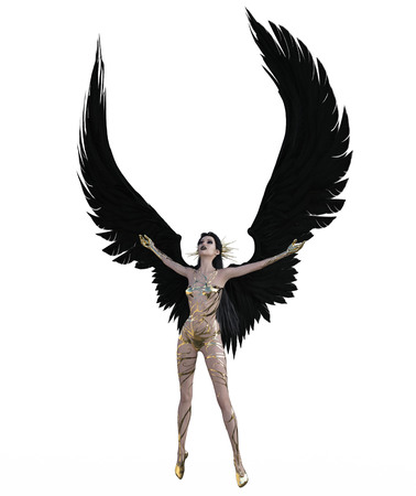 3d illustration of a sexy female angel with black feather wingsの写真素材