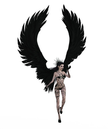 3d illustration of a sexy female angel with black feather wingsの写真素材