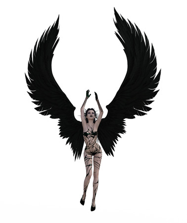 3d illustration of a sexy female angel with black feather wingsの写真素材