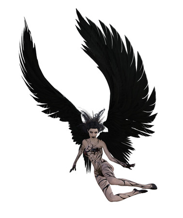 3d illustration of a sexy female angel with black feather wingsの写真素材