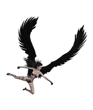3D illustration of a sexy angel with black feather wingsの写真素材