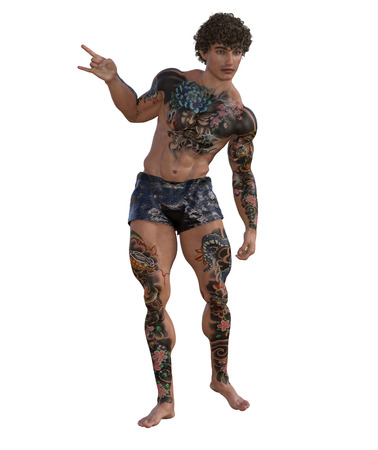 3d illustration of a tattooed muscular manの写真素材