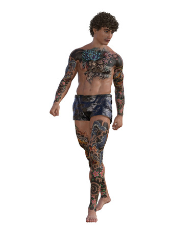 3d illustration of a tattooed muscular manの写真素材