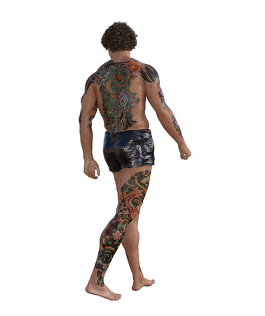 3d illustration of a tattooed muscular manの写真素材