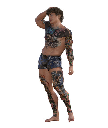 3d illustration of a tattooed muscular manの写真素材
