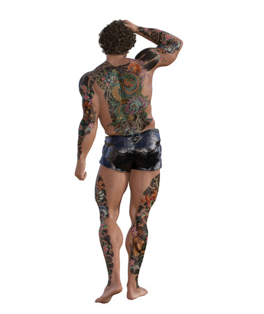 3d illustration of a tattooed muscular manの写真素材
