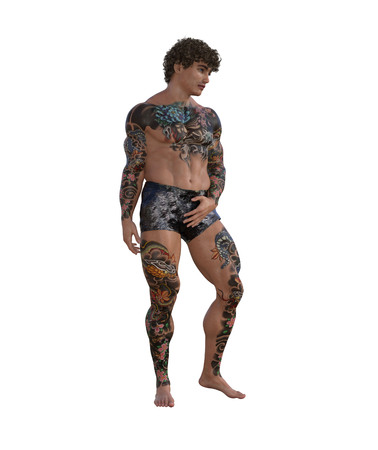 3d illustration of a tattooed muscular manの写真素材