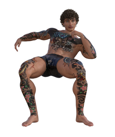 3d illustration of a tattooed muscular manの写真素材