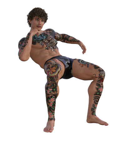 3d illustration of a tattooed muscular manの写真素材