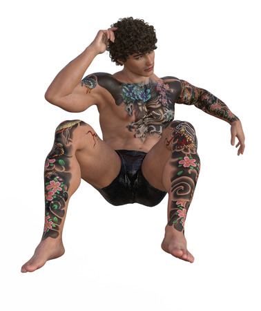 3d illustration of a tattooed muscular manの写真素材