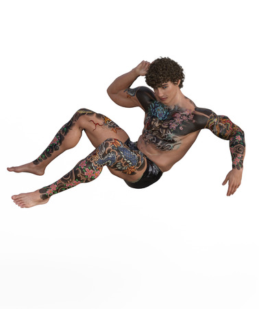 3d illustration of a tattooed muscular manの写真素材