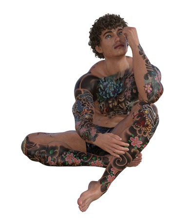 3d illustration of a tattooed muscular manの写真素材