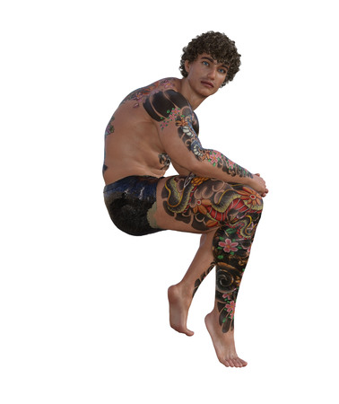 3d illustration of a muscular tattooed manの写真素材