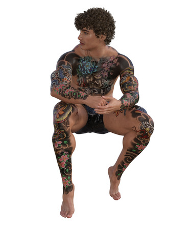 3d illustration of a muscular tattooed manの写真素材