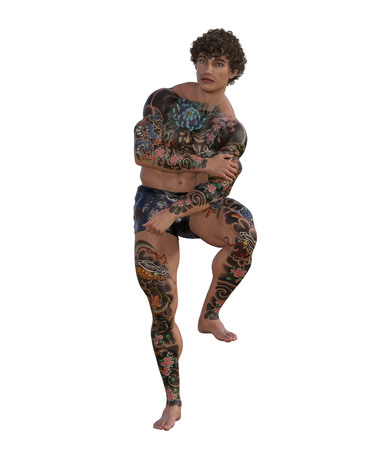 3d illustration of a muscular tattooed manの写真素材