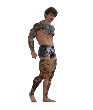 3d illustration of a muscular tattooed manの写真素材