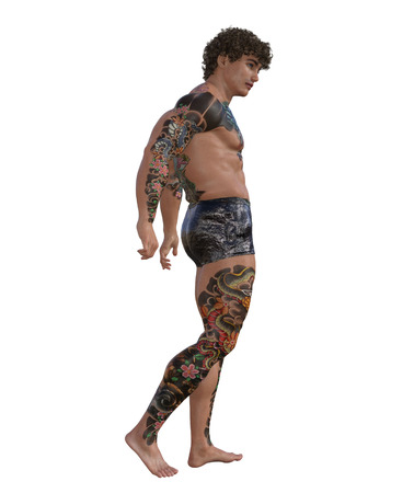 3d illustration of a muscular tattooed manの写真素材