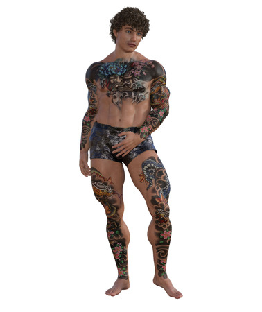 3D illustration of a muscular tattooed manの写真素材