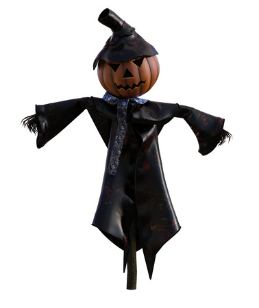 3d illustration of a scarecrow pumpkin with hat and stylized outfitの写真素材