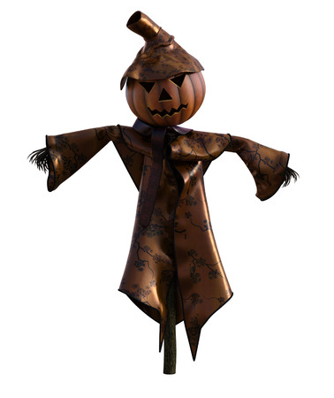 3d illustration of a scarecrow pumpkin with hat and stylized outfitの写真素材