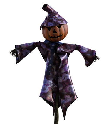 3d illustration of a scarecrow pumpkin with hat and stylized outfitの写真素材