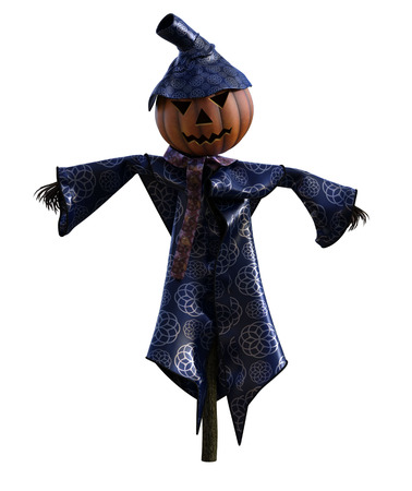 3d illustration of a scarecrow pumpkin with hat and stylized outfitの写真素材