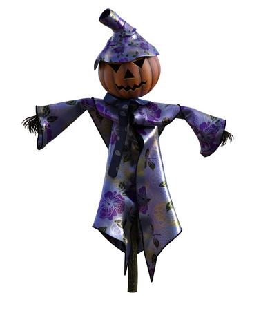 3d illustration of a scarecrow pumpkin with hat and stylized outfitの写真素材