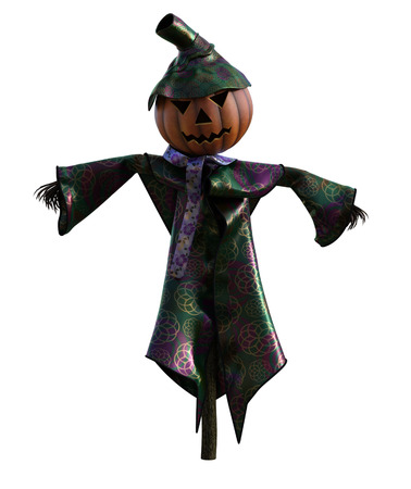3d illustration of a scarecrow pumpkin with hat and stylized outfitの写真素材