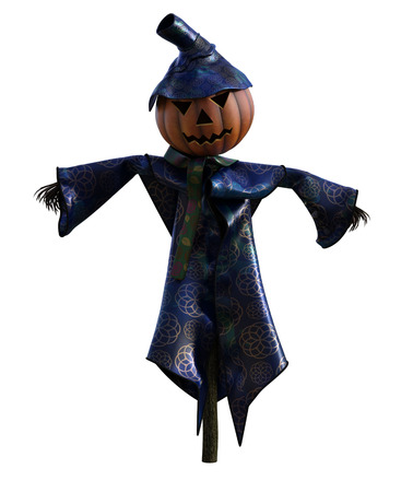 3d illustration of a scarecrow pumpkin with hat and stylized outfitの写真素材