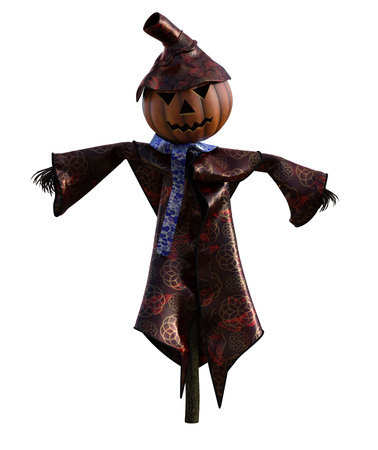 3d illustration of a scarecrow pumpkin with hat and stylized outfitの写真素材