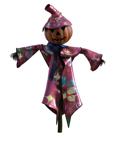 3d illustration of a scarecrow pumpkin with hat and stylized outfitの写真素材
