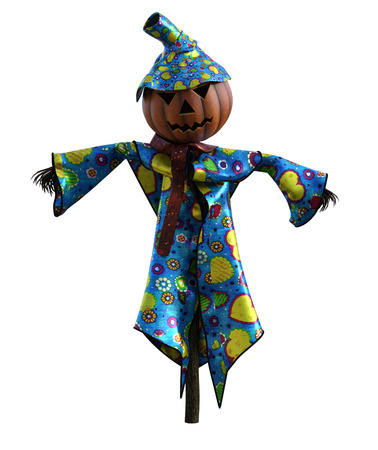 3d illustration of a scarecrow pumpkin with hat and stylized outfitの写真素材