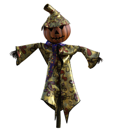 3d illustration of a scarecrow pumpkin with hat and stylized outfitの写真素材