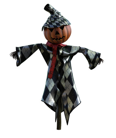 3d illustration of a scarecrow pumpkin with hat and stylized outfitの写真素材