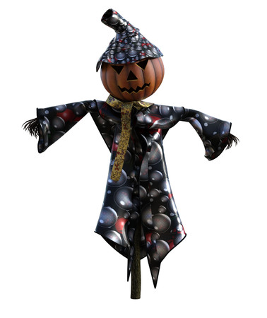 3d illustration of a scarecrow pumpkin with hat and stylized outfitの写真素材