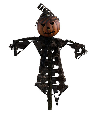 3d illustration of a scarecrow pumpkin with hat and stylized outfitの写真素材
