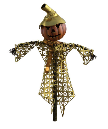 3d illustration of a scarecrow pumpkin with hat and stylized outfitの写真素材