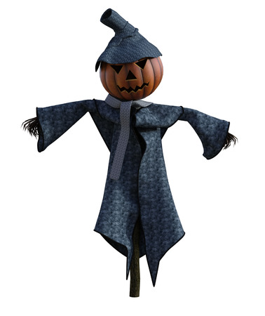 3d illustration of a scarecrow pumpkin with hat and stylized outfitの写真素材