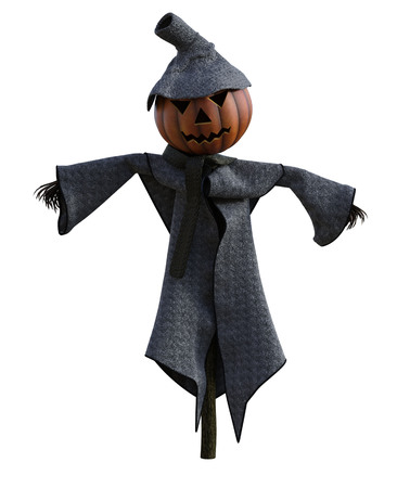 3d illustration of a pumpkin scarecrow with hat and stylized outfitの写真素材