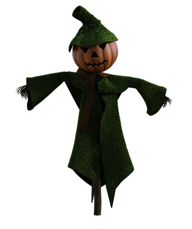 3d illustration of a pumpkin scarecrow with hat and stylized outfitの写真素材