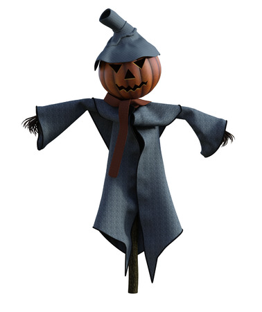 3d illustration of a pumpkin scarecrow with hat and stylized outfitの写真素材