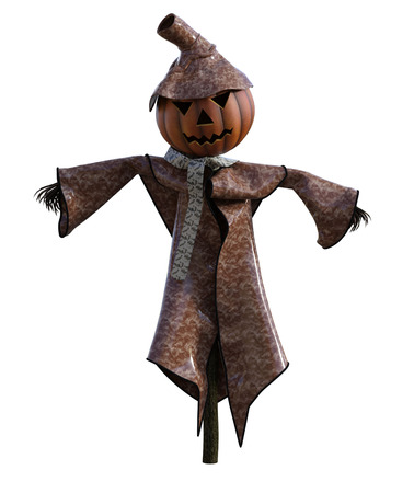 3d illustration of a pumpkin scarecrow with hat and stylized outfitの写真素材
